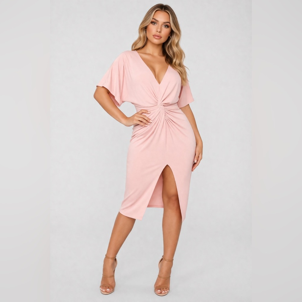 Fashion Nova Blush Pink Twist Front V-Neck Midi Dress